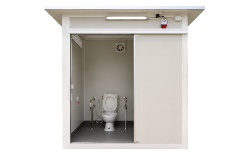 easy-toilet-teh-tl21-open-door ห้องน้ำคนพิการสำเร็จรูป รุ่น TEH-TL21 เปิดประตูบานเลื่อน แสดงภายในพร้อมราวจับและปุ่มฉุกเฉิน