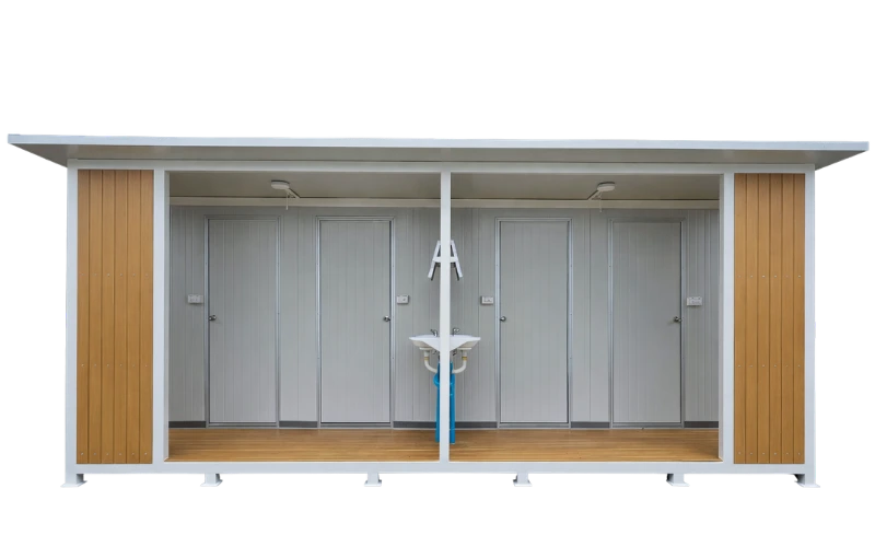 prefab-toilet-tl02-light-wood-front ด้านหน้าห้องน้ำสำเร็จรูป รุ่น TL02 โทนไม้สีอ่อน เห็นห้องน้ำทั้ง 4 ห้อง