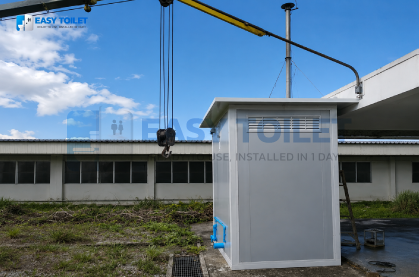 เครนยกห้องน้ำคนพิการสำเร็จรูป รุ่น TEH-TL21 ขึ้นวางในพื้นที่ติดตั้ง จังหวัดสระบุรี